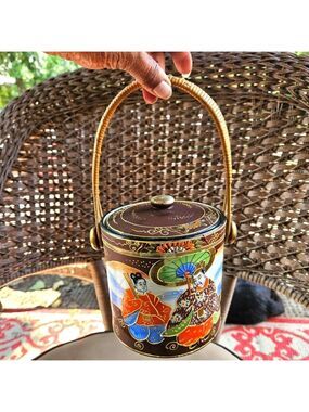 Vintage Asian Handmade Stoneware Biscuit/Tea Canister with Lid and Handle